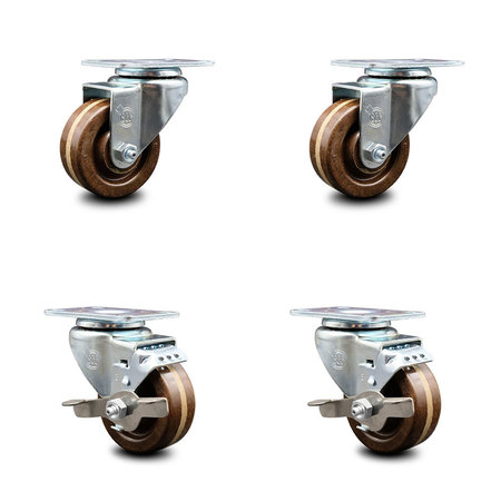 SERVICE CASTER 3 Inch High Temp Phenolic Wheel Swivel Top Plate Caster Set with 2 Brakes SCC SCC-20S314-PHRHT-TP3-2-TLB-2